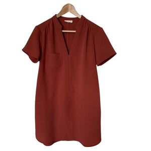 Lush Rust Orange V Neck Short Sleeve‎ Shift Dress Size S